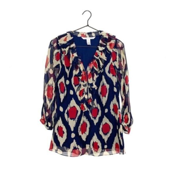 DVF Diane Von Furstenberg Candela Bis Silk Ikat Print Ruffle Blouse sz 0 - Picture 7 of 11